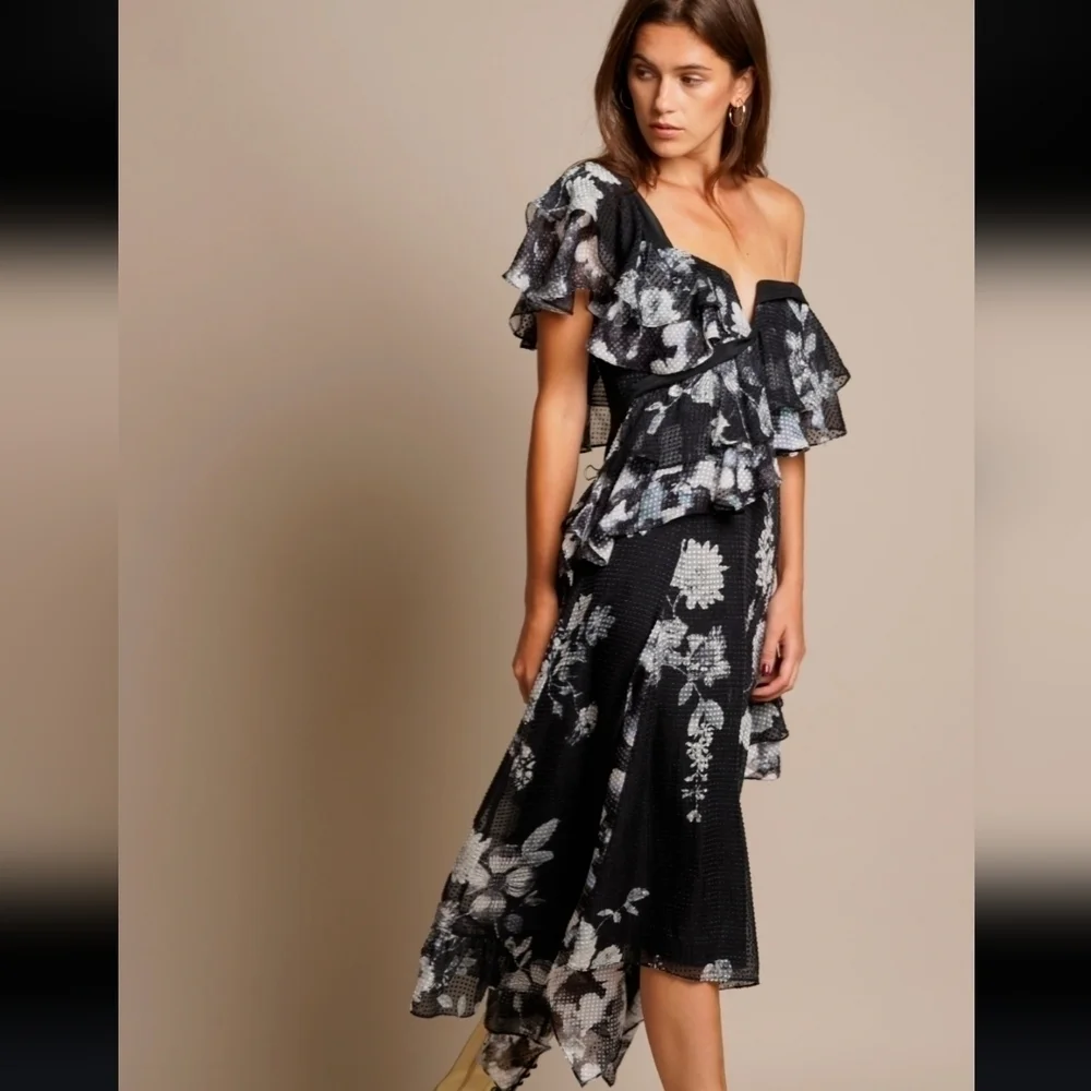 NEW Chelsea & Walker Cara Black & White Silk Jacquard Midi Dress Size 2 - Picture 4 of 16
